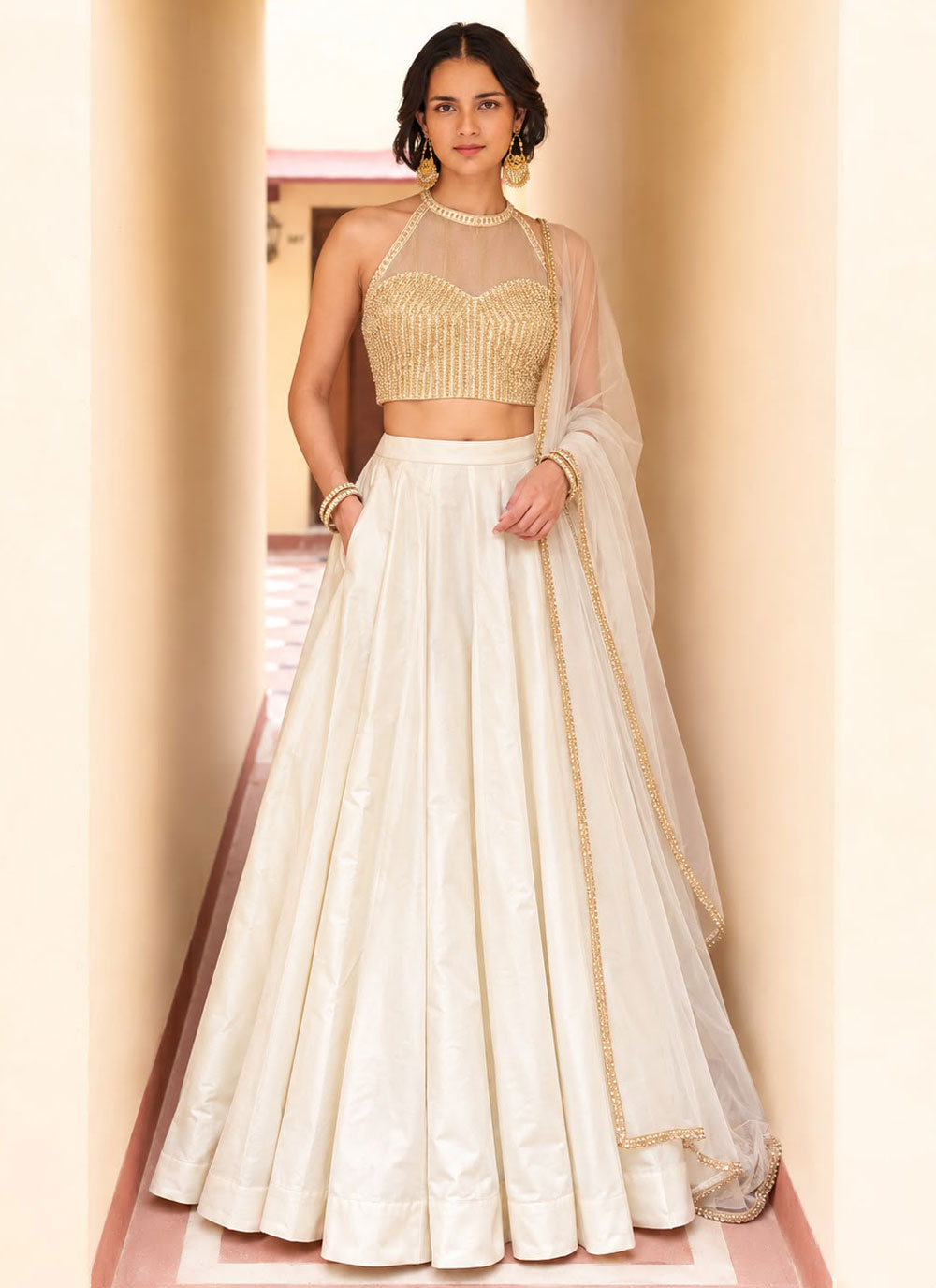 Silk Off White Embroidered Engagement Lehenga Choli - Buy Online