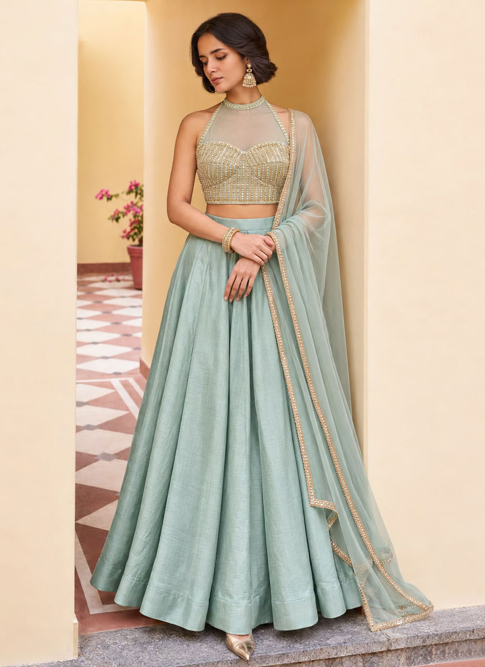 Aqua Blue Plain Silk Designer Lehenga Choli - Buy Online