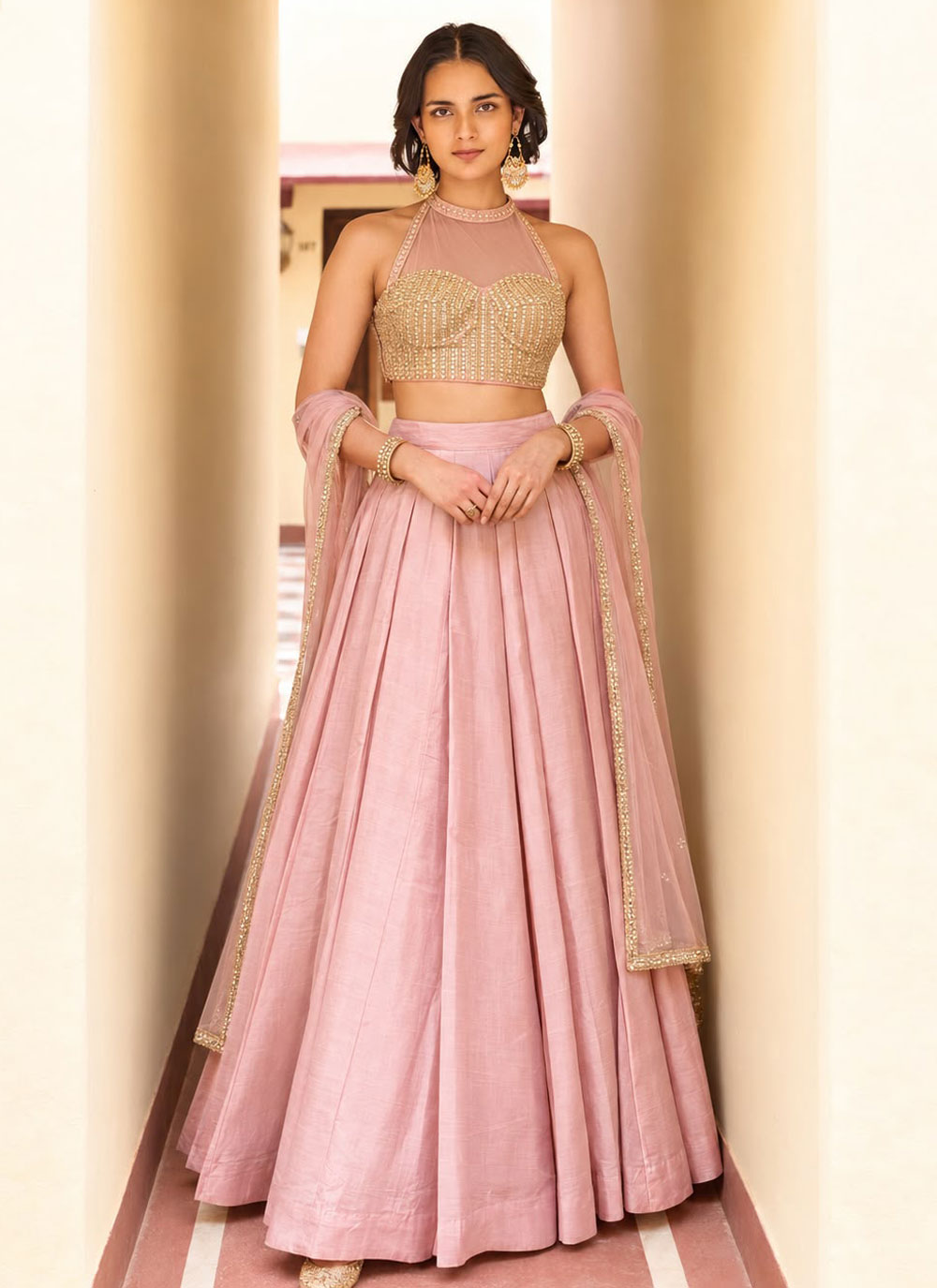 Silk Embroidered Plain Pink Readymade Lehenga Choli - Buy Online