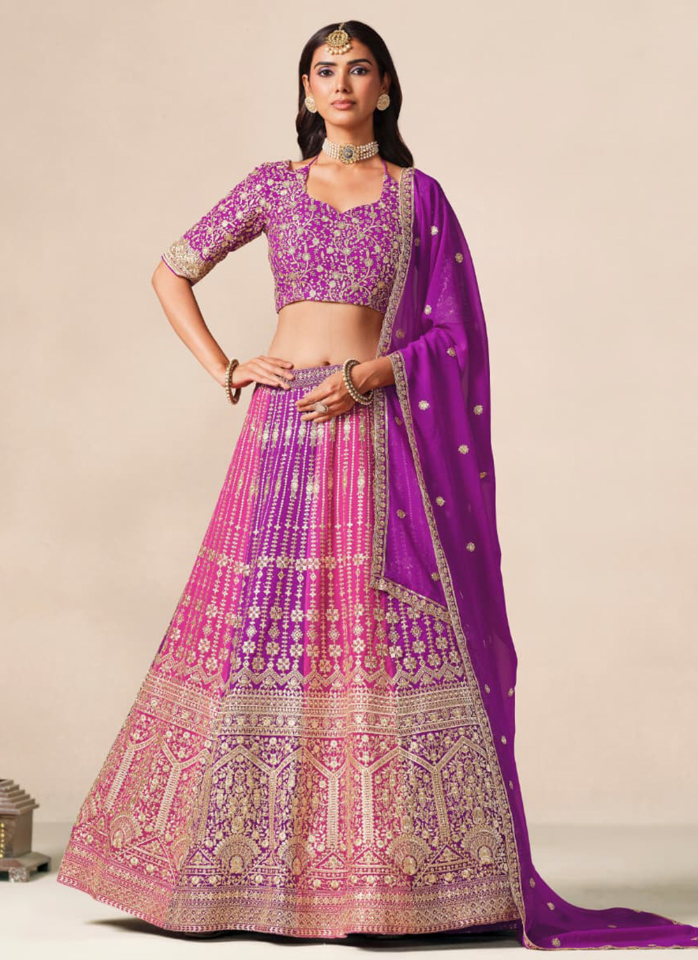 Purple and Pink Faux Georgette Sequins Zari Work Lehenga Choli - Buy Online