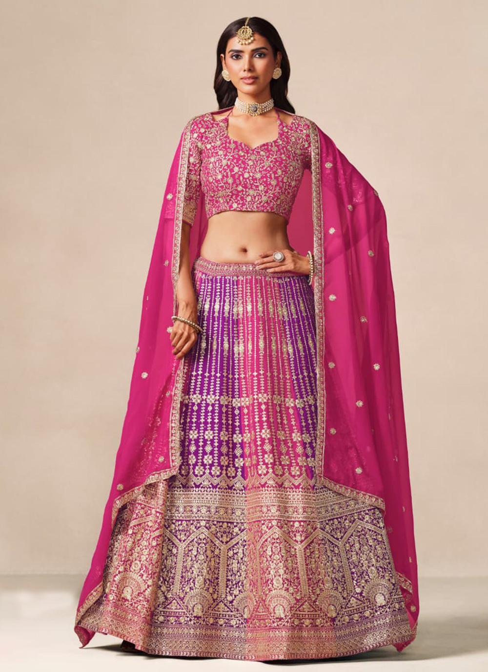 Faux Georgette Pink and Purple Embroidered A Line Lehenga Choli - Buy Online