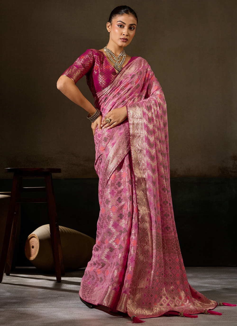 Georgette Pink Meenakari Woven Festival Trendy Saree - Buy Online