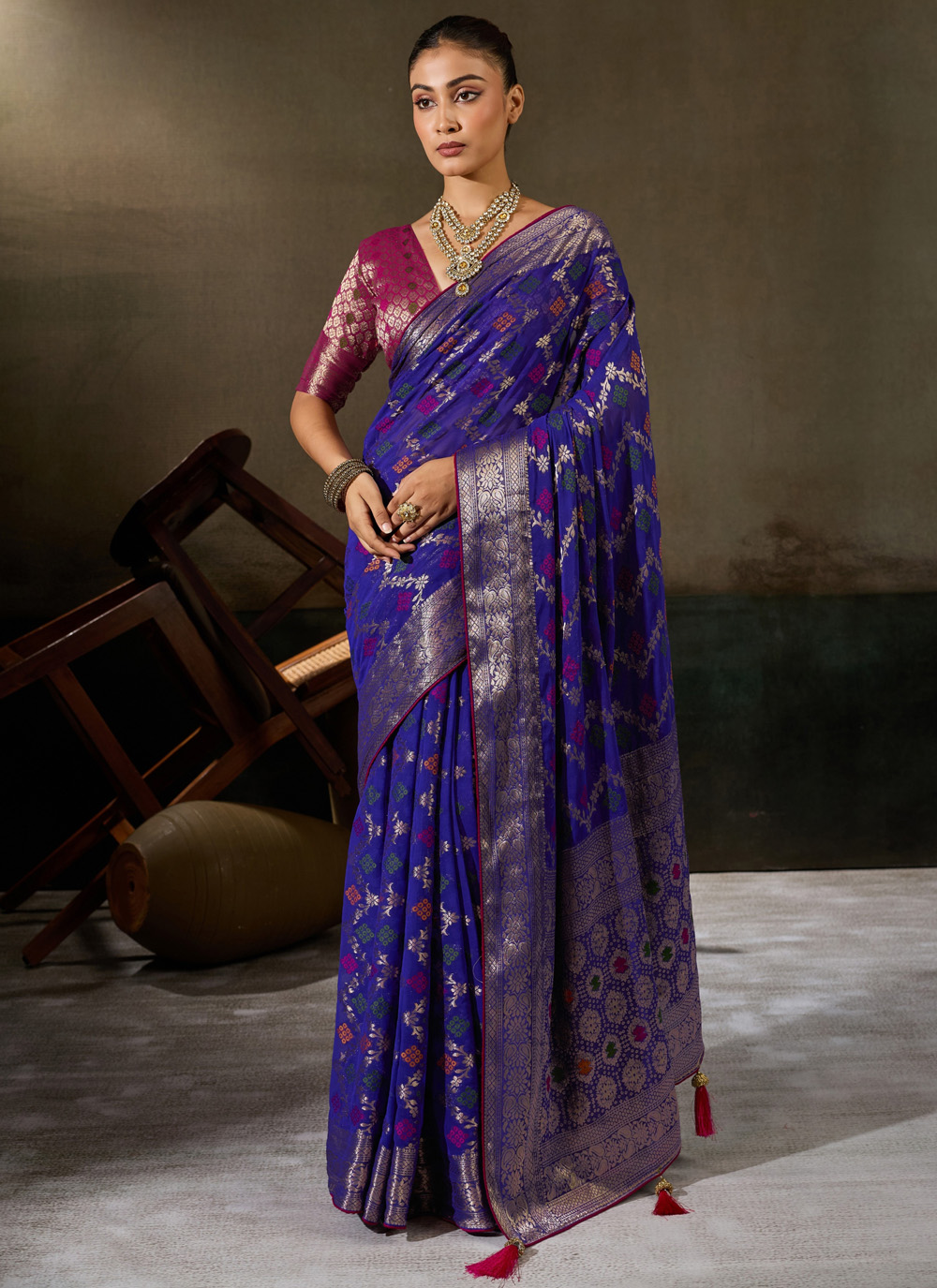 Purple Meenakari Woven Georgette Classic Saree - Buy Online