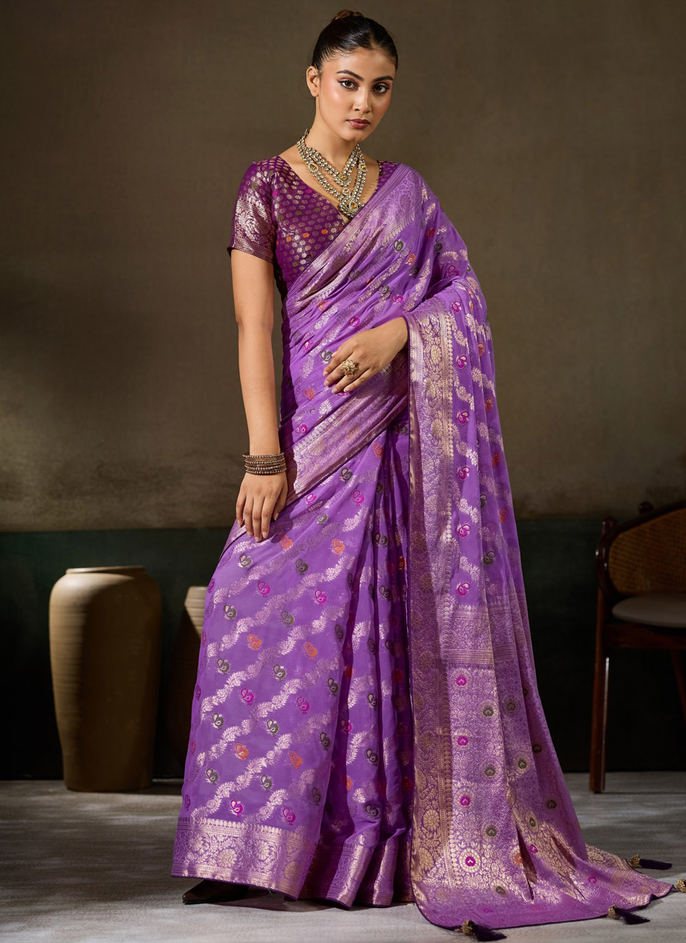 Meenakari Woven Lavender Georgette Contemporary Saree - Buy Online