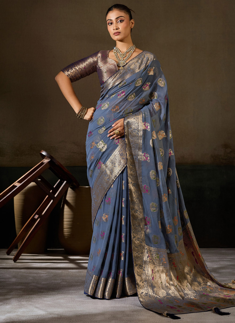 Woven Meenakari Georgette Saree in Grey Colour - Buy Online