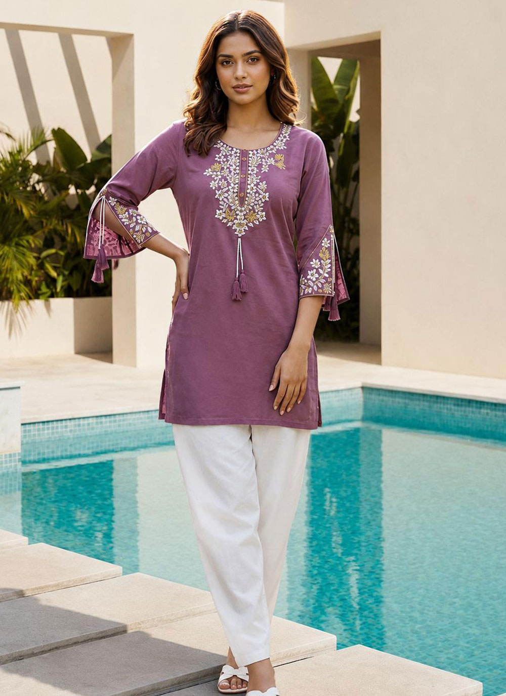 Embroidered Rayon Designer Kurti in Purple - Buy Online