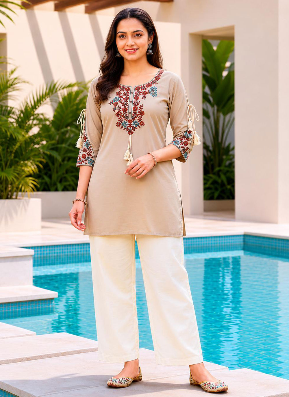 Embroidered Rayon Designer Kurti in Beige Colour - Buy Online