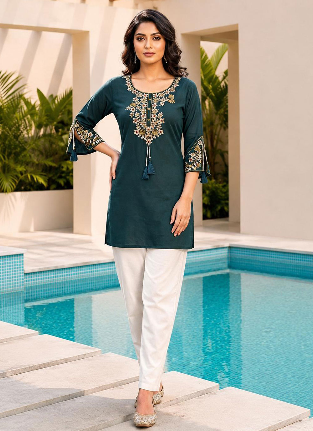 Rayon Teal Embroidered Designer Kurti for Casual - Buy Online