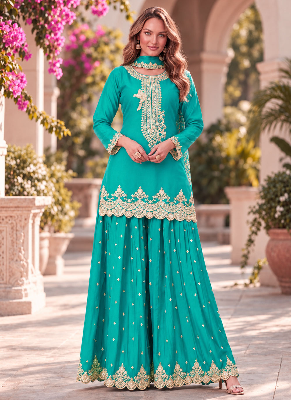Chinon Turquoise Embroidered Readymade Salwar Kameez - Buy Online