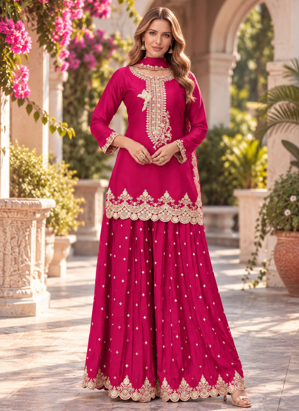 Pink Chinon Embroidered Palazzo Salwar Kameez - Buy Online