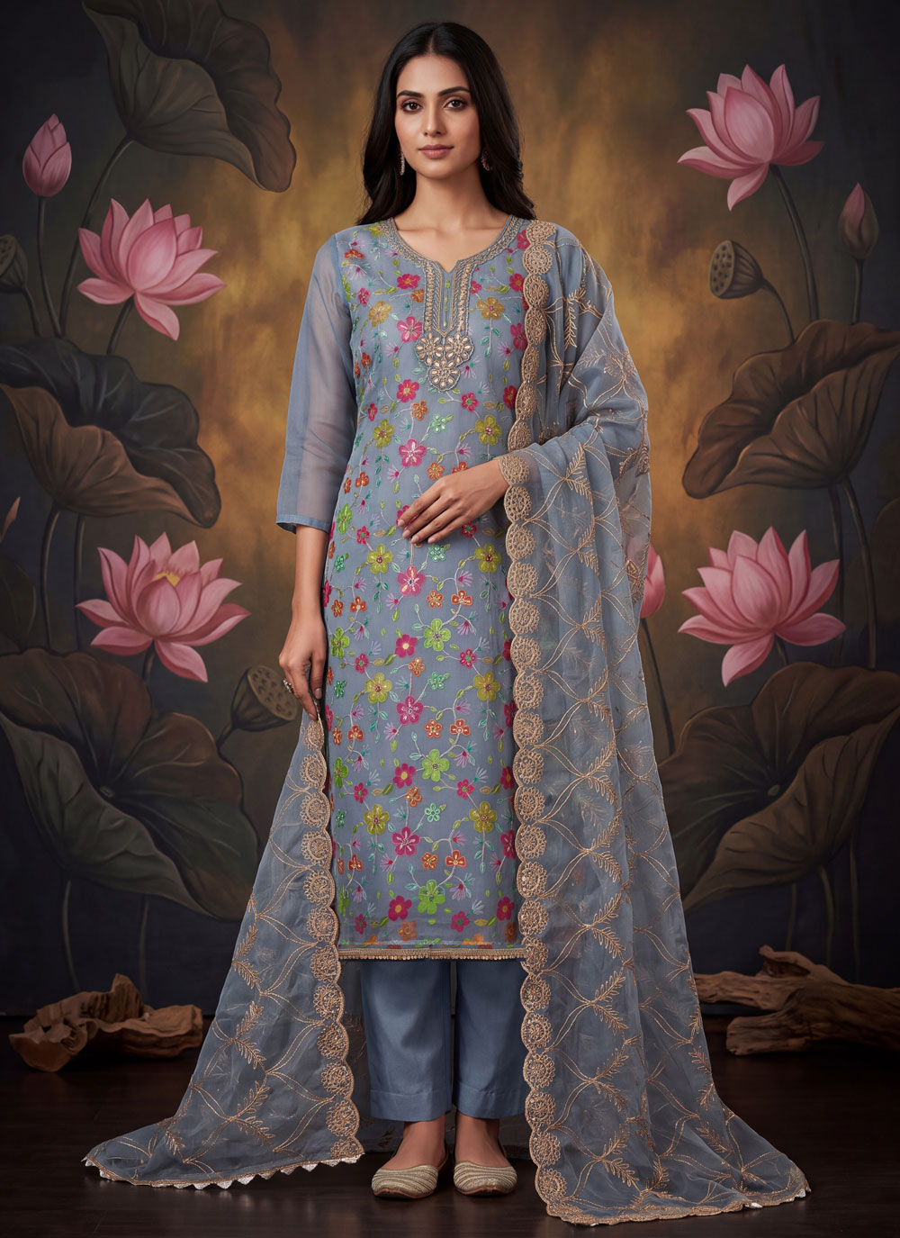 Grey Embroidered Organza Trendy Salwar Suit - Buy Online