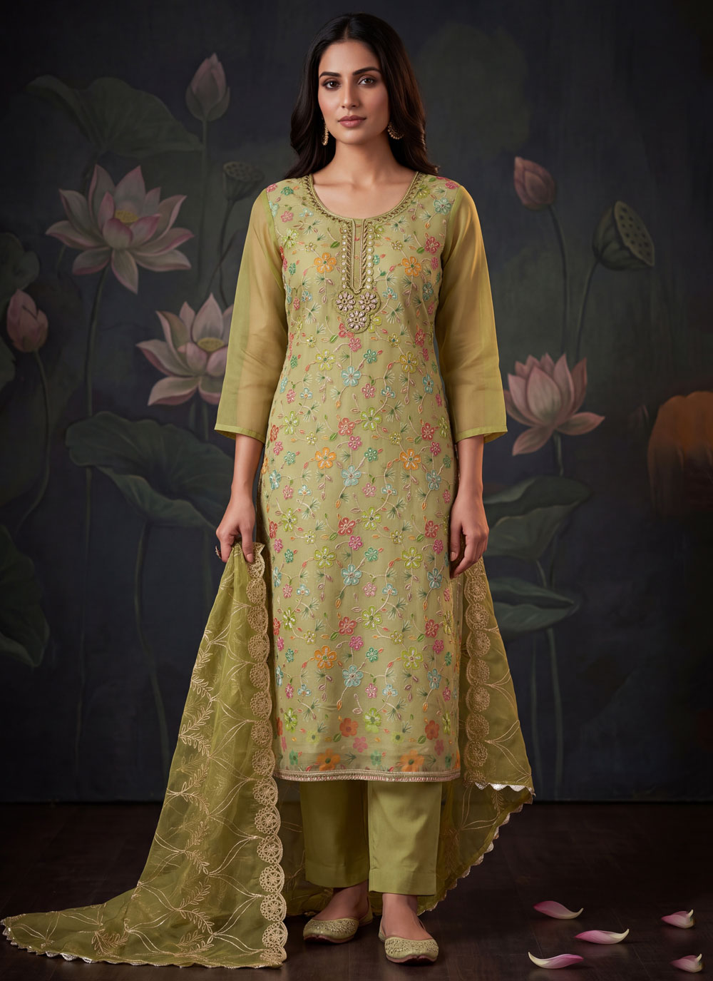 Organza Green Embroidered Pant Style Salwar Suit - Buy Online
