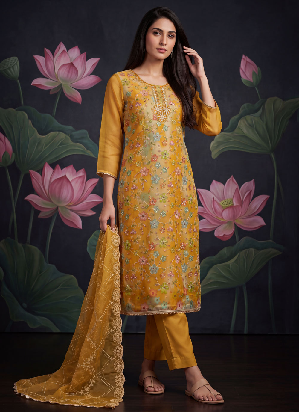 Mustard Embroidered Organza Festival Salwar Kameez - Buy Online